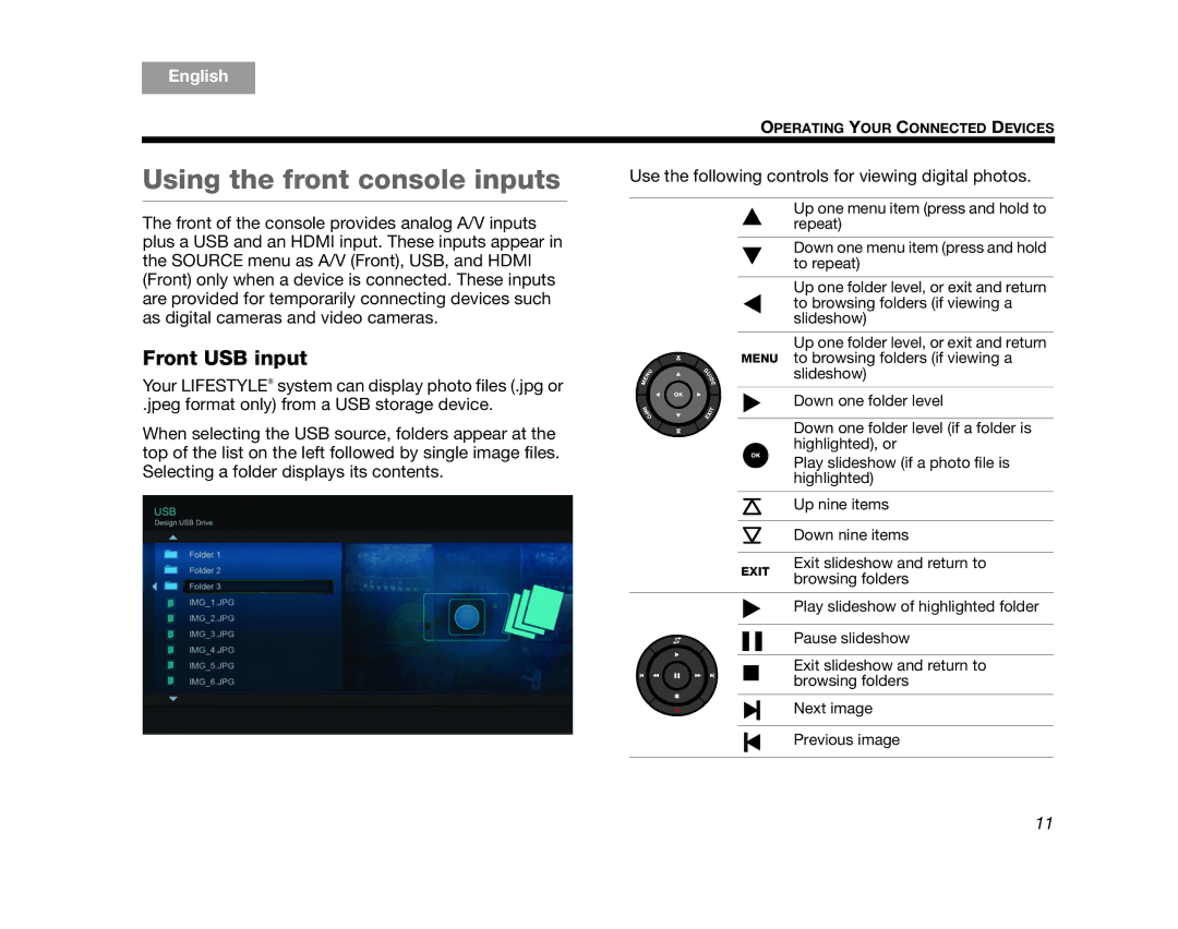 Bose T10, V35, V25, AM324446, T20 manual Using the front console inputs, Front USB input 