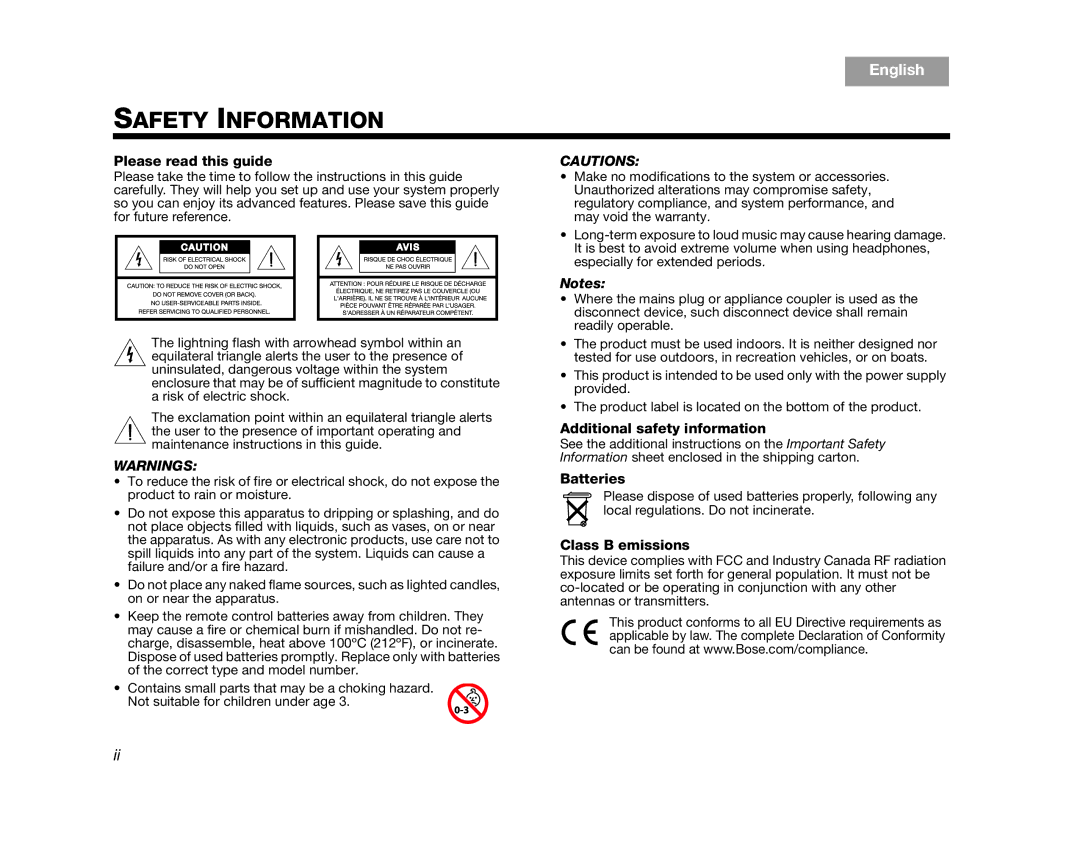 Bose T10, V35, V25, AM324446, T20 manual Please read this guide, Additional safety information, Batteries, Class B emissions 