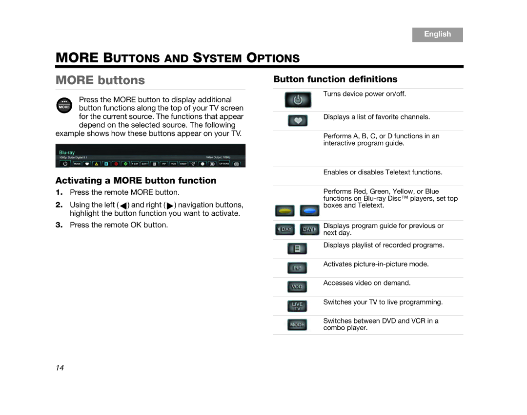 Bose V35, V25, T10, AM324446, T20 manual More buttons, Button function definitions, Activating a More button function 