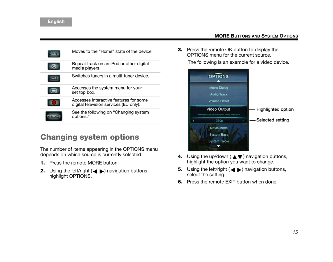 Bose V25, V35, T10, AM324446, T20 manual Changing system options 