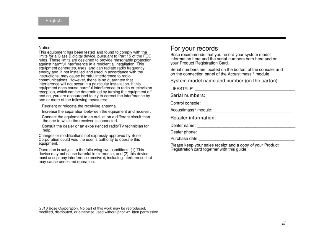 Bose AM324446, V35, V25, T10, T20 manual For your records 