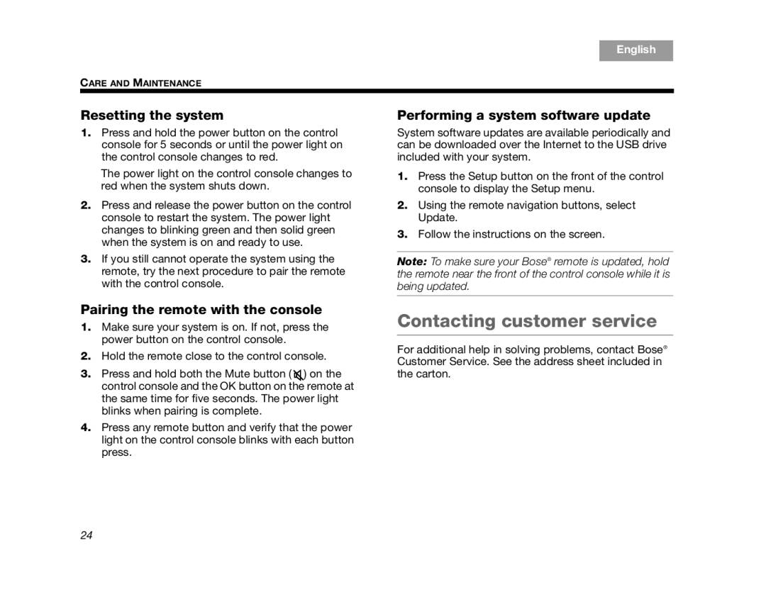 Bose V35, V25, T10, AM324446, T20 manual Contacting customer service, Resetting the system, Performing a system software update 