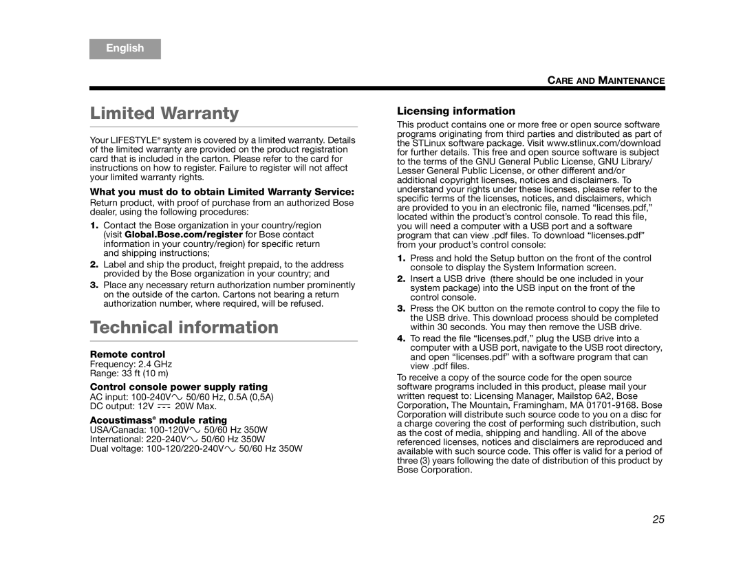 Bose V25, V35, T10, AM324446, T20 manual Limited Warranty, Technical information 