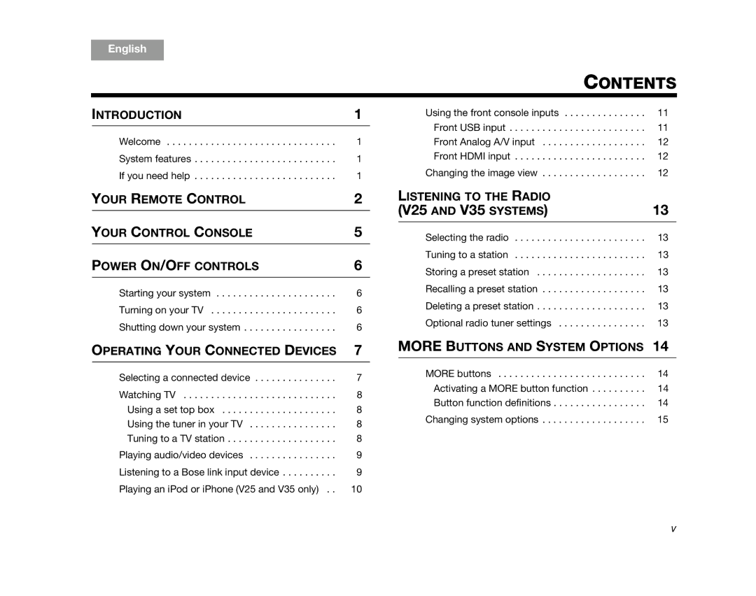 Bose V35, V25, T10, AM324446, T20 manual Contents 