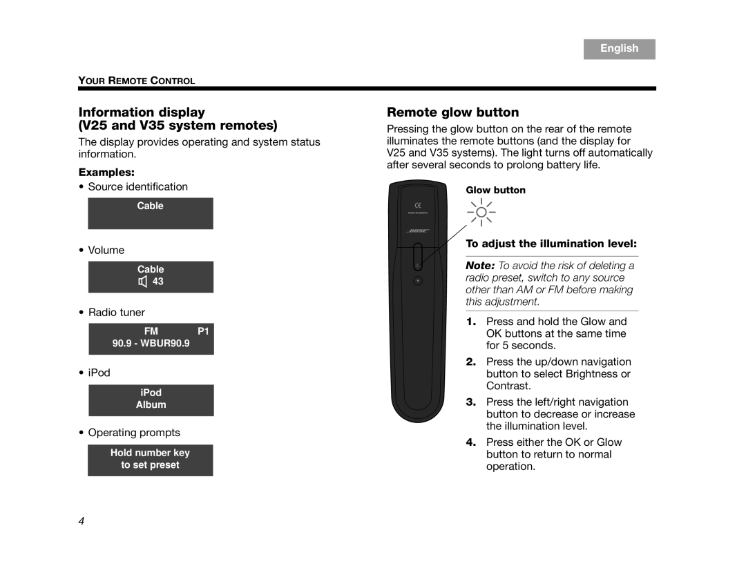 Bose Information display V25 and V35 system remotes, Remote glow button, Examples, To adjust the illumination level 