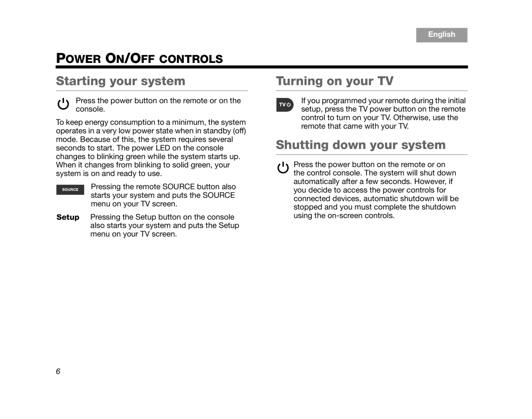 Bose T10, V35, V25, T20 Starting your system, Turning on your TV, Shutting down your system, Power On/Off Controls, English 