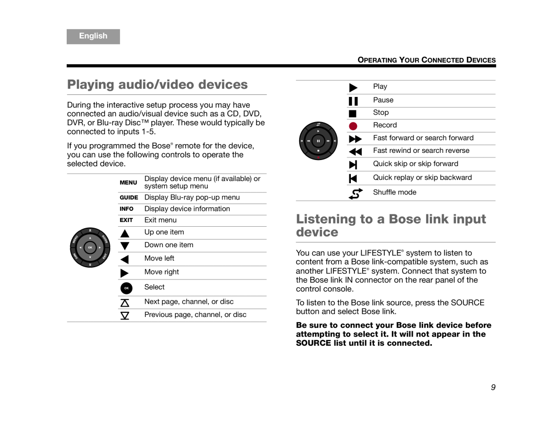 Bose V35, V25, T10, AM324446, T20 manual Playing audio/video devices, Listening to a Bose link input device, English 