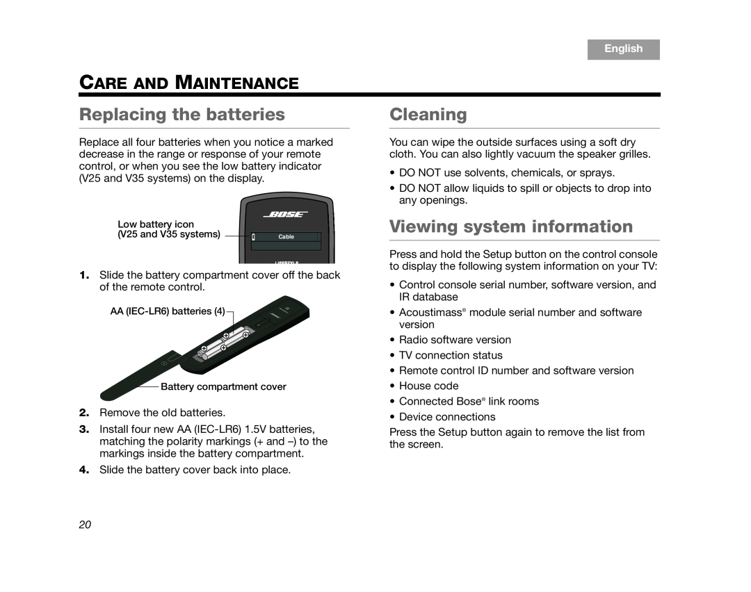 Bose V25, V35, T10, AM324446 Replacing the batteries, Cleaning, Viewing system information, Care And Maintenance, English 