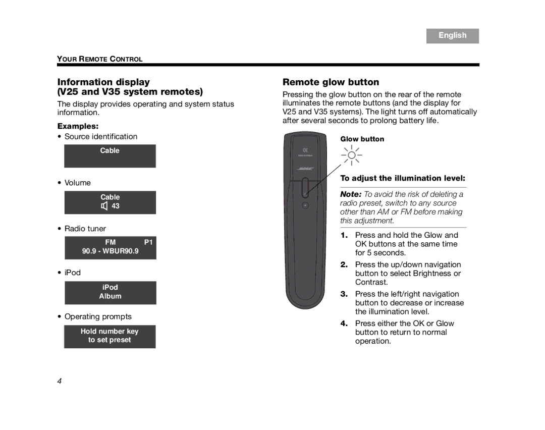 Bose Information display V25 and V35 system remotes, Remote glow button, Examples, To adjust the illumination level 