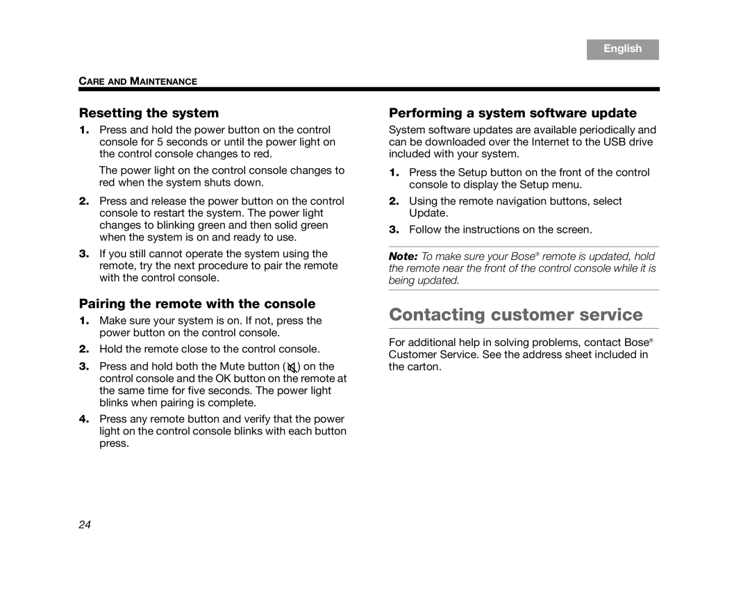 Bose V35, V25 manual Contacting customer service, Resetting the system, Performing a system software update 