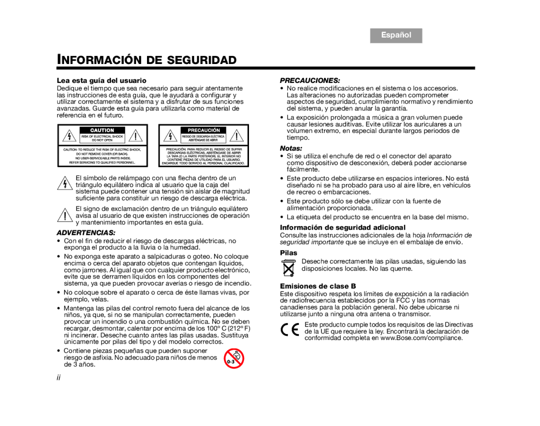 Bose V35, V25 manual Información DE Seguridad, Lea esta guía del usuario, Información de seguridad adicional, Pilas 