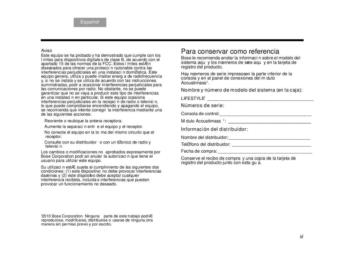 Bose V25, V35 manual Nombre y número de modelo del sistema en la caja, Números de serie, Información del distribuidor, Aviso 