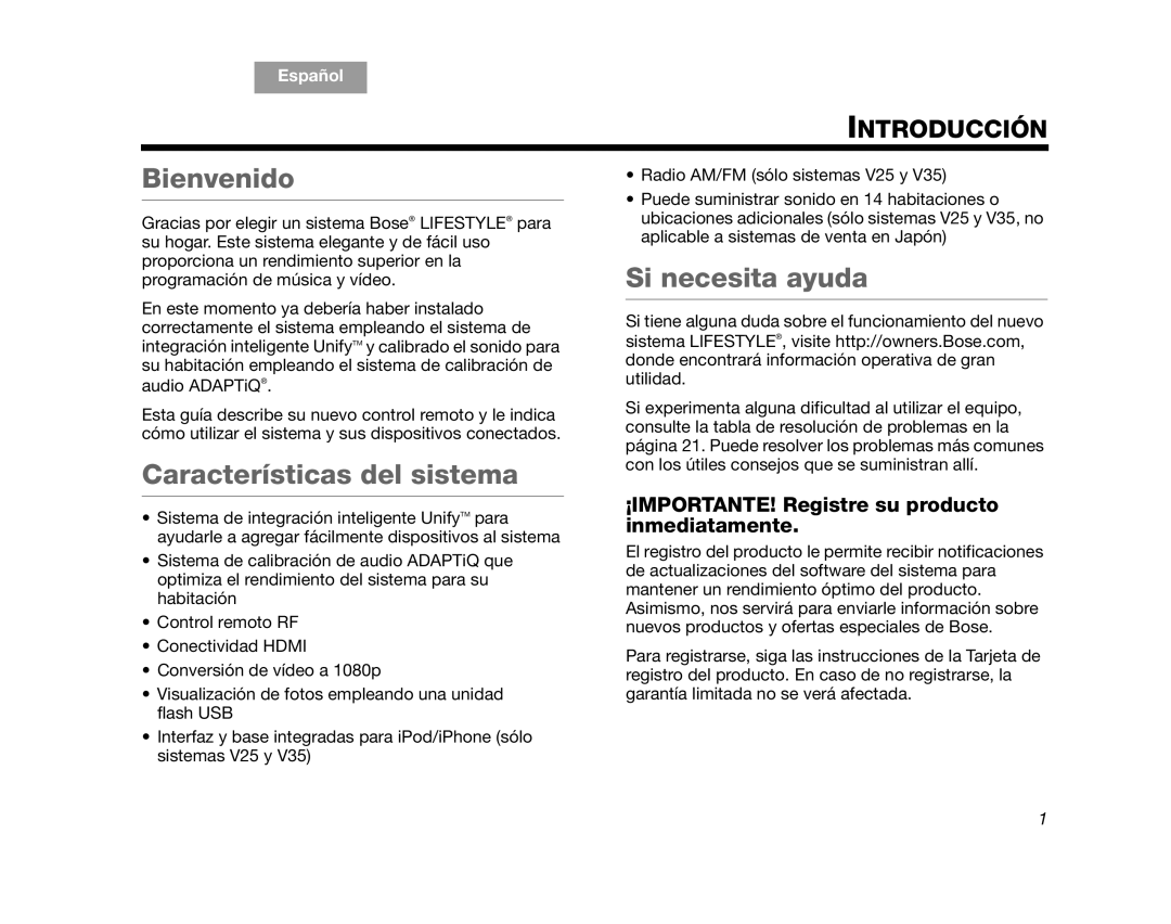 Bose V25, V35 manual Bienvenido, Características del sistema, Si necesita ayuda, Introducción 