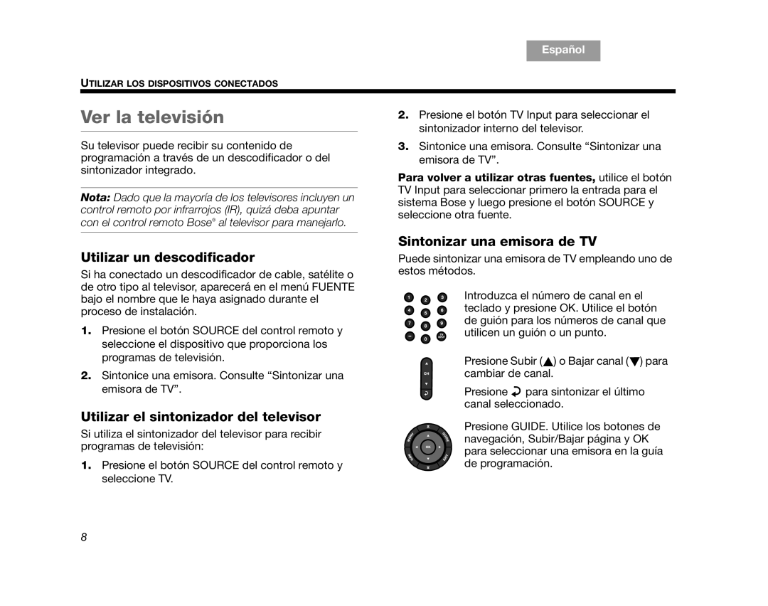 Bose V35, V25 manual Ver la televisión, Utilizar un descodificador, Utilizar el sintonizador del televisor 