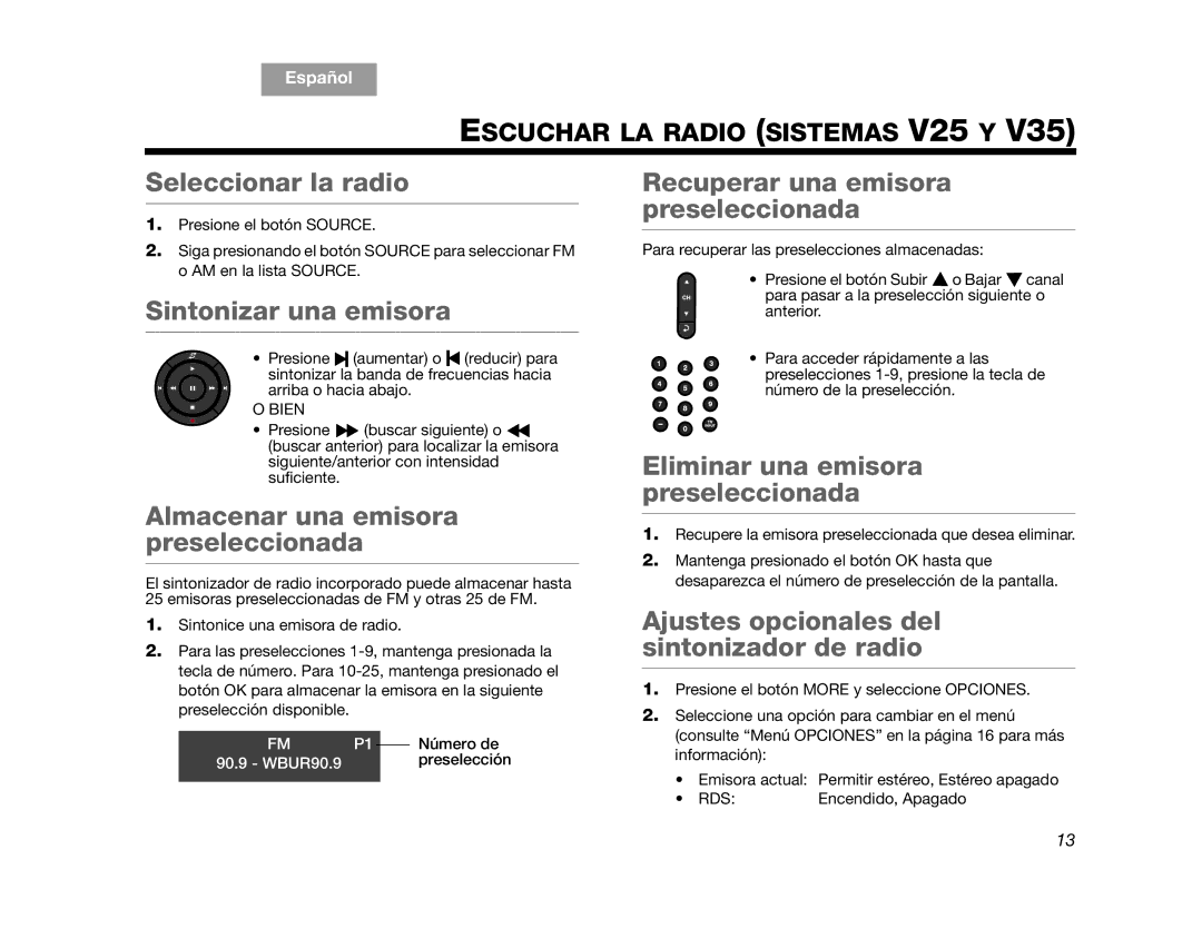 Bose V35 manual Seleccionar la radio, Escuchar LA Radio Sistemas V25 Y 