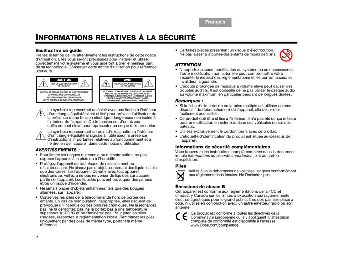 Bose V35 Informations Relatives À LA Sécurité, Veuillez lire ce guide, Informations de sécurité complémentaires, Piles 