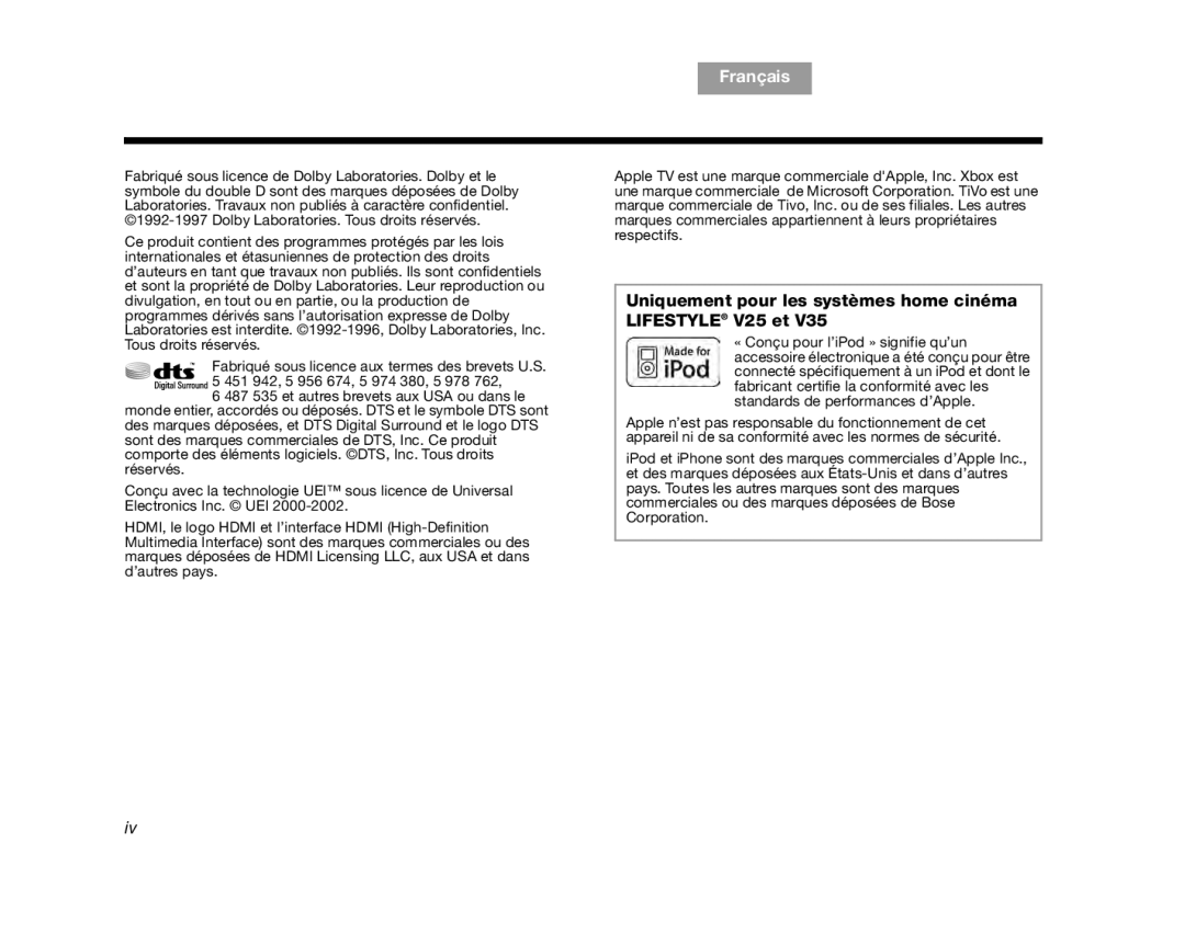 Bose V35 manual Uniquement pour les systèmes home cinéma Lifestyle V25 et 