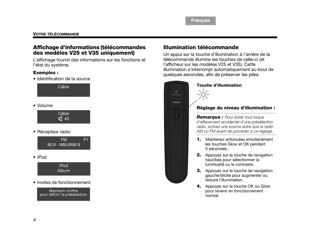 Bose V35, V25 manual Illumination télécommande, Exemples, Réglage du niveau d’illumination, Touche d’illumination 