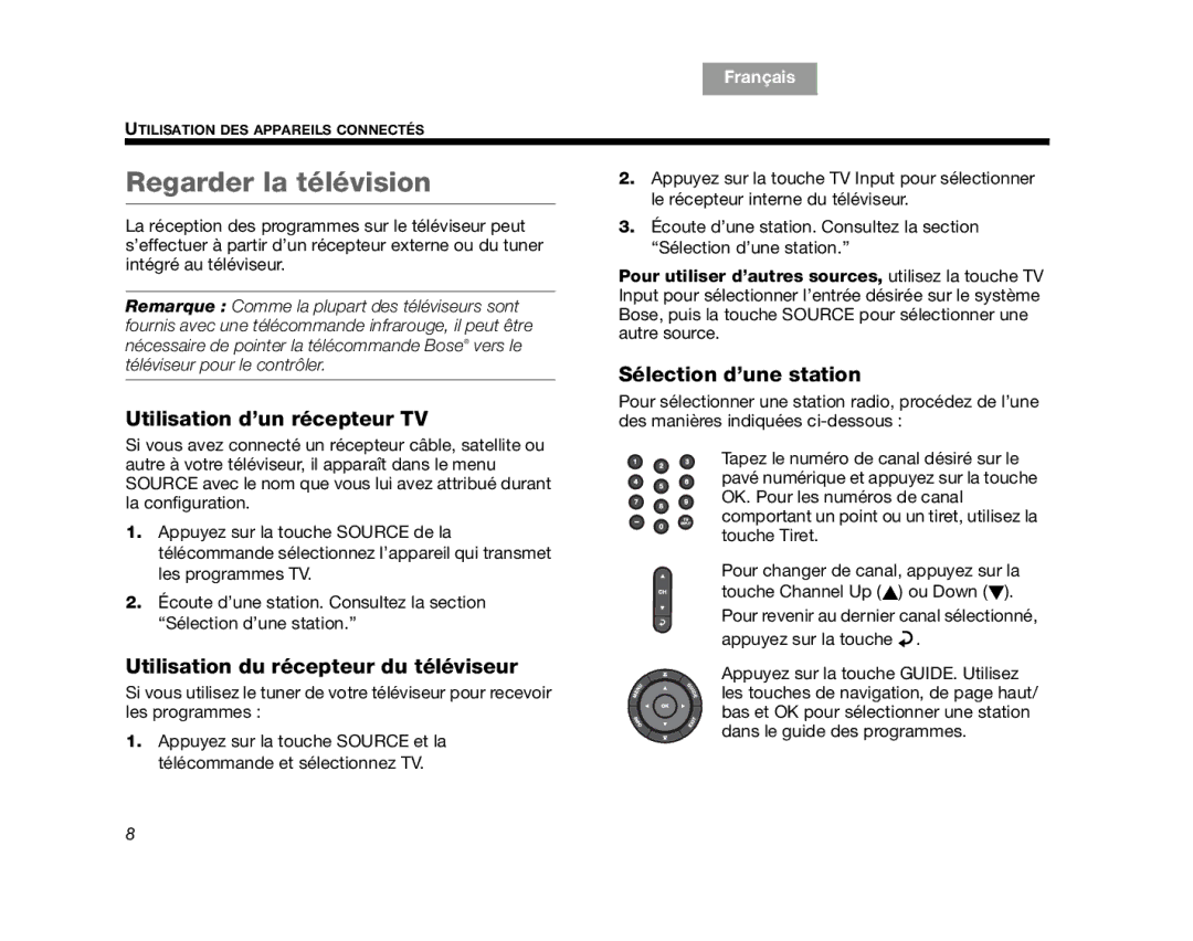 Bose V35, V25 manual Regarder la télévision, Utilisation d’un récepteur TV, Utilisation du récepteur du téléviseur 