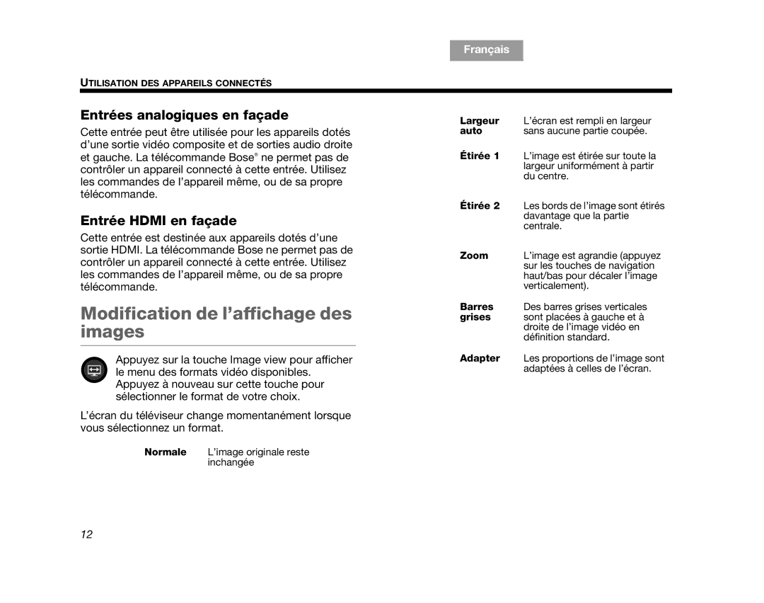 Bose V35, V25 manual Modification de l’affichage des images, Entrées analogiques en façade, Largeur, Auto 