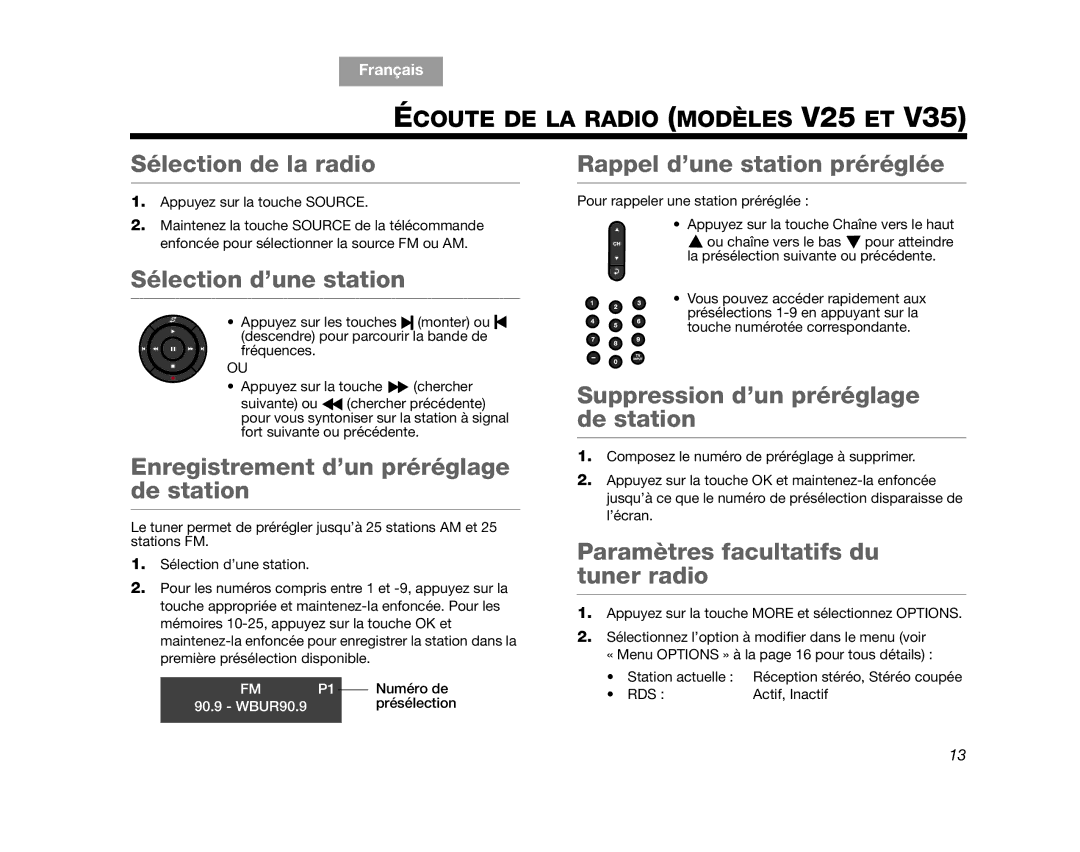 Bose V35 manual Sélection de la radio, Écoute DE LA Radio Modèles V25 ET 