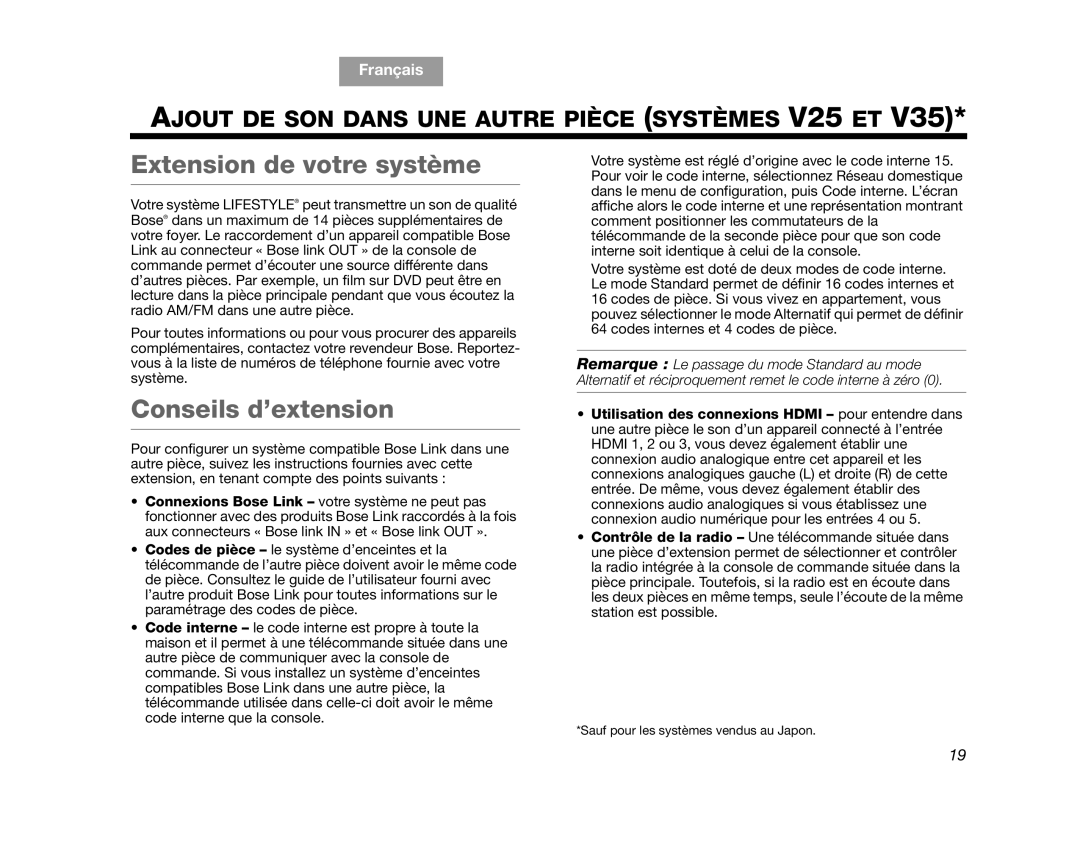 Bose V35 manual Extension de votre système, Conseils d’extension, Ajout DE SON Dans UNE Autre Pièce Systèmes V25 ET 