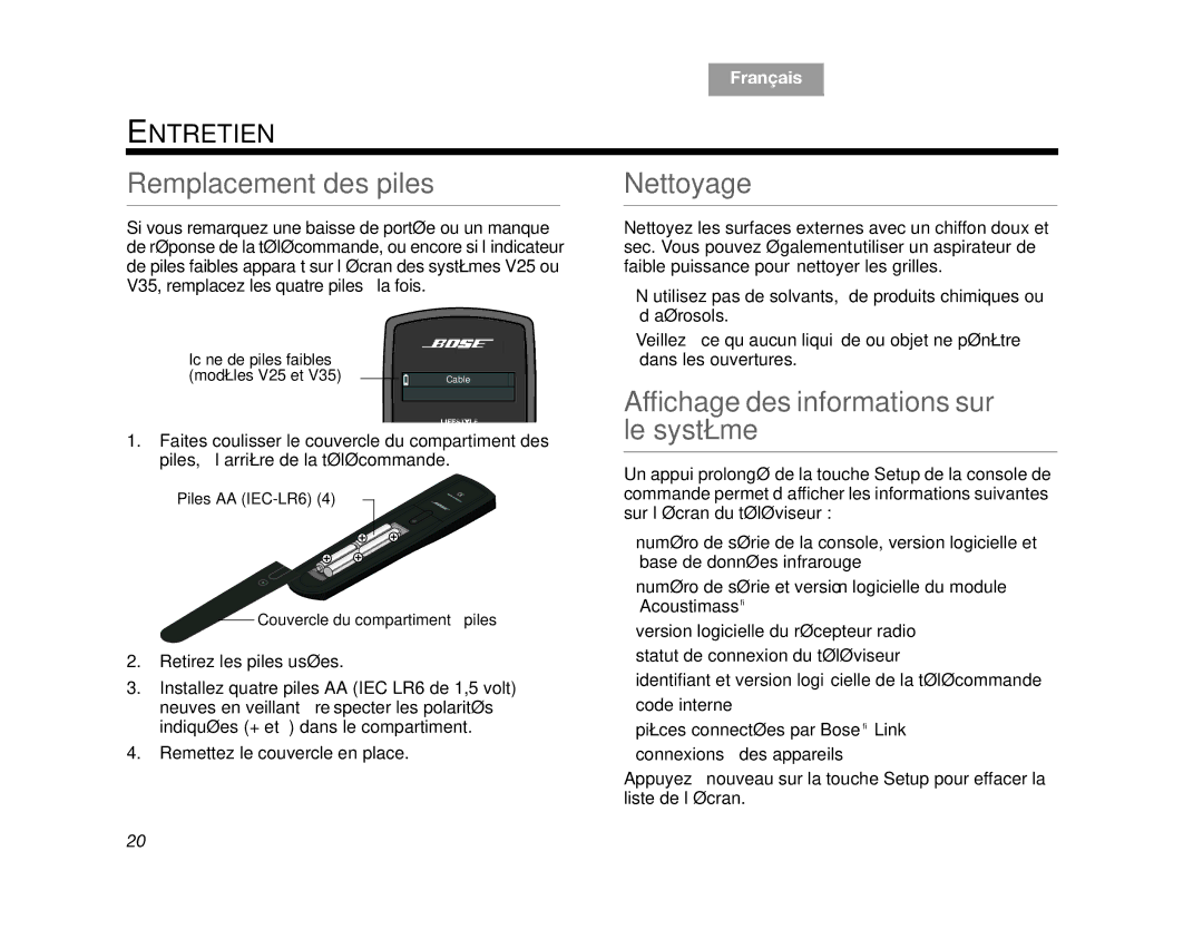 Bose V35, V25 manual Remplacement des piles, Nettoyage, Affichage des informations sur le système, Entretien 