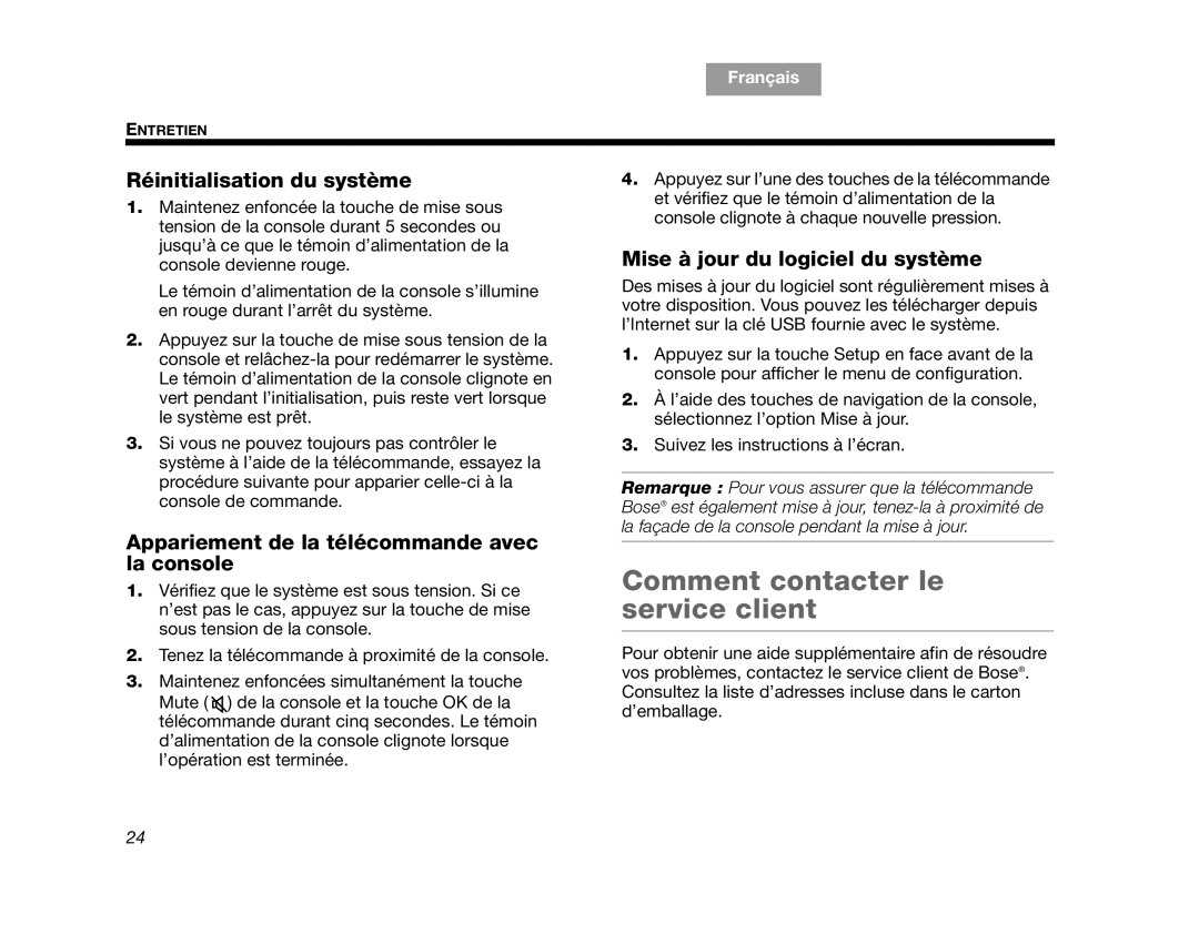 Bose V35 Comment contacter le service client, Réinitialisation du système, Appariement de la télécommande avec la console 