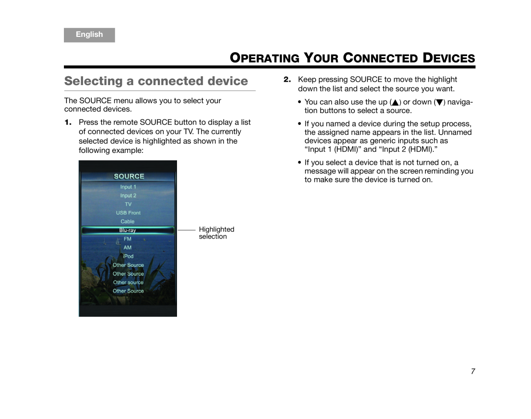 Bose V25, V35 manual Selecting a connected device, Operating Your Connected Devices, English 