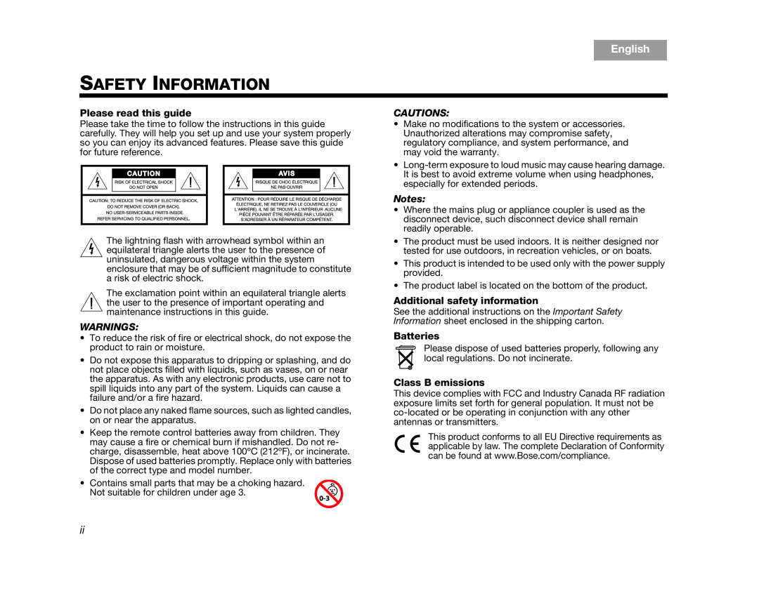 Bose V35, V25 manual Safety Information, English, Warnings, Cautions, Notes 