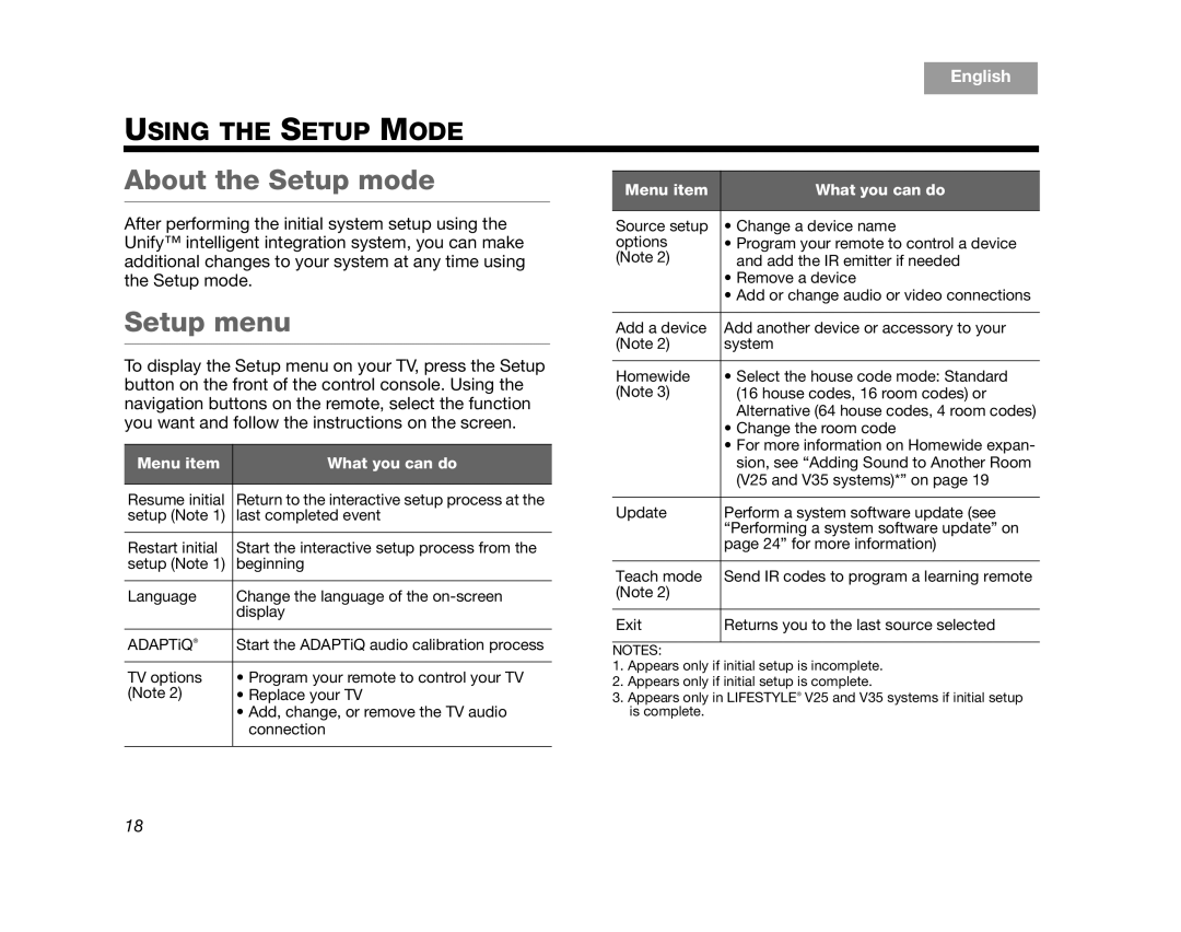 Bose V35, V25 manual About the Setup mode, Setup menu, Using The Setup Mode, English 