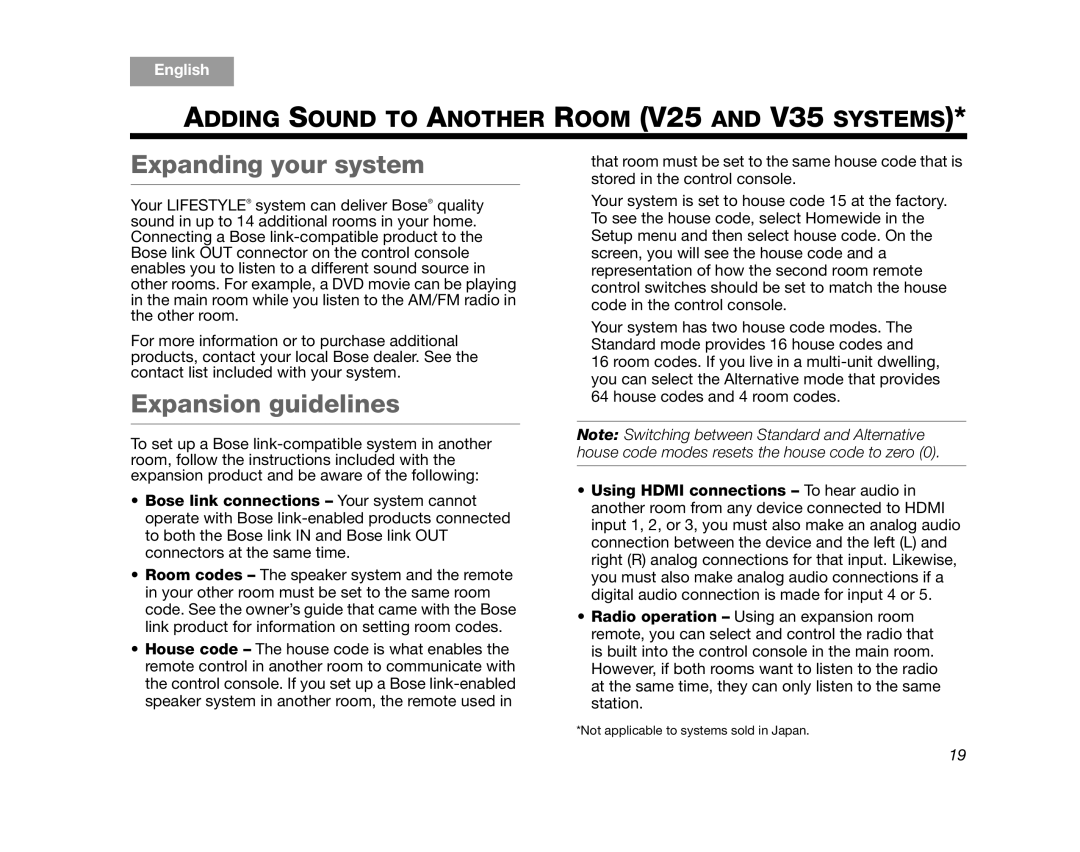 Bose manual Expanding your system, Expansion guidelines, ADDING SOUND TO ANOTHER ROOM V25 AND V35 SYSTEMS, English 