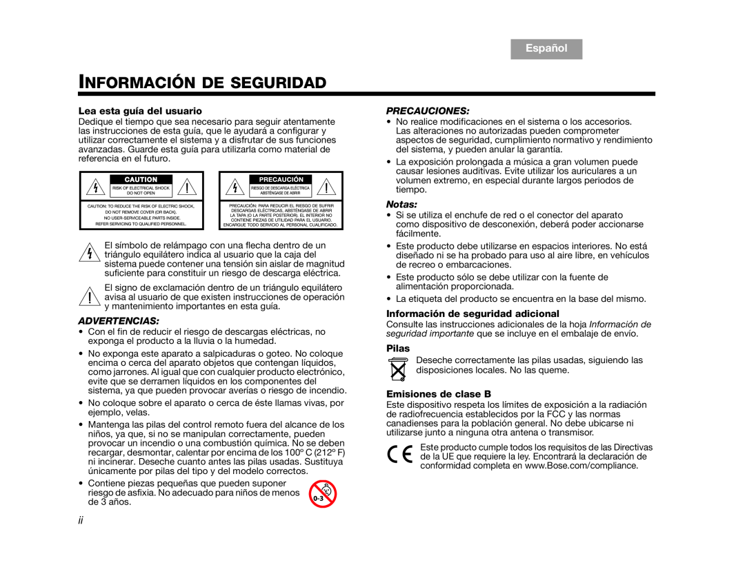 Bose V35, V25 manual Información De Seguridad, Español, English, Precauciones, Advertencias, Notas 