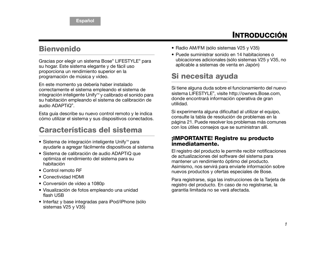 Bose V25, V35 manual Bienvenido, Características del sistema, Si necesita ayuda, Introducción, English, Español 