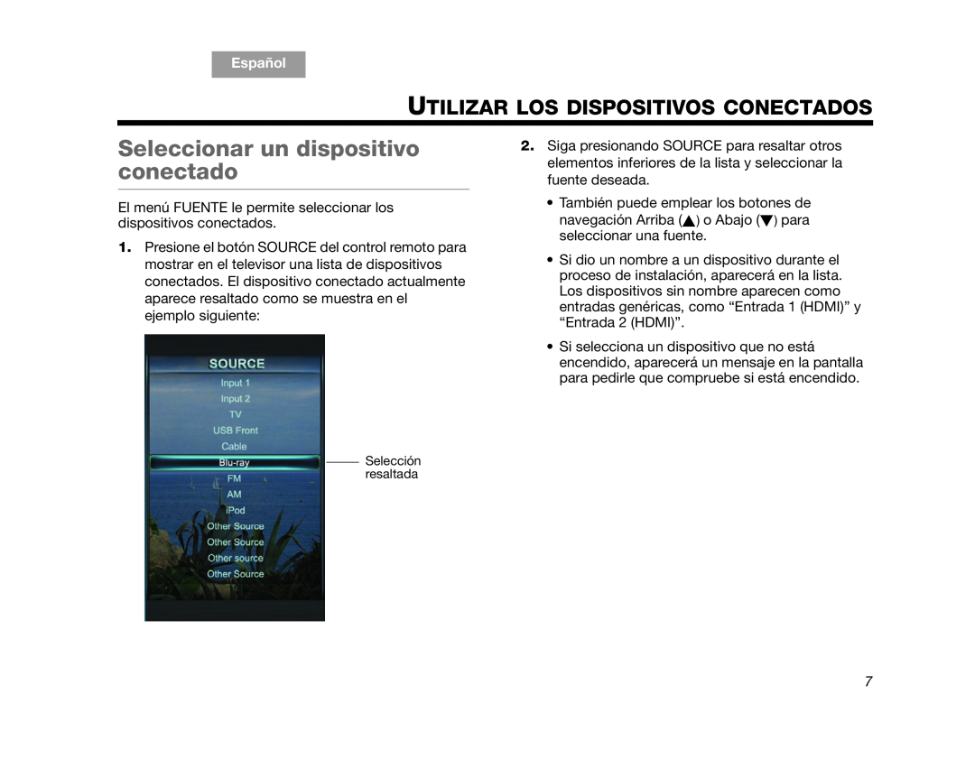 Bose V25, V35 manual Seleccionar un dispositivo conectado, Utilizar Los Dispositivos Conectados, English, Español 