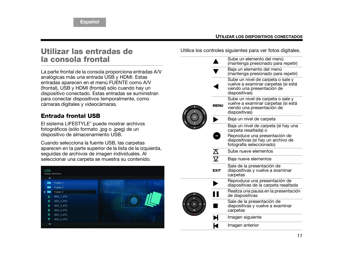 Bose V25, V35 manual Utilizar las entradas de la consola frontal, Entrada frontal USB, English, Español 