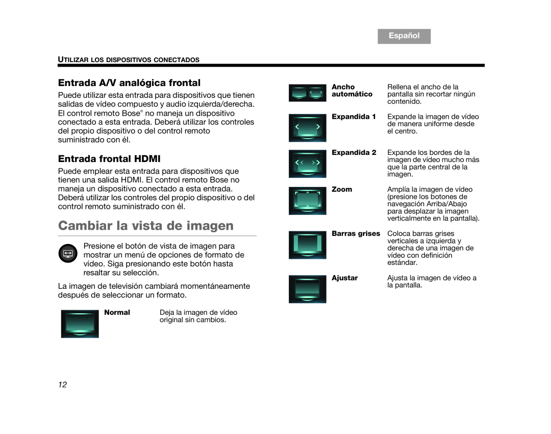 Bose V35, V25 manual Cambiar la vista de imagen, Entrada A/V analógica frontal, Entrada frontal HDMI, Español, English 