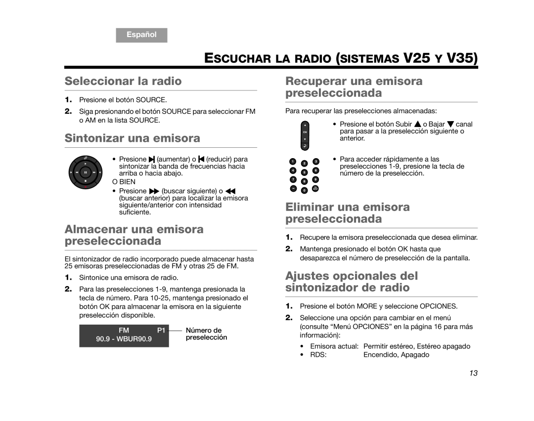Bose V25 Seleccionar la radio, Sintonizar una emisora, Almacenar una emisora preseleccionada, English, Español, Número de 