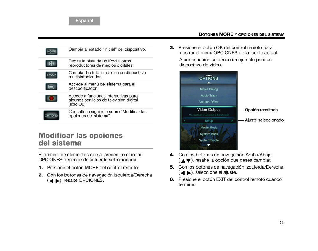 Bose V25, V35 manual Modificar las opciones del sistema, English, Español 