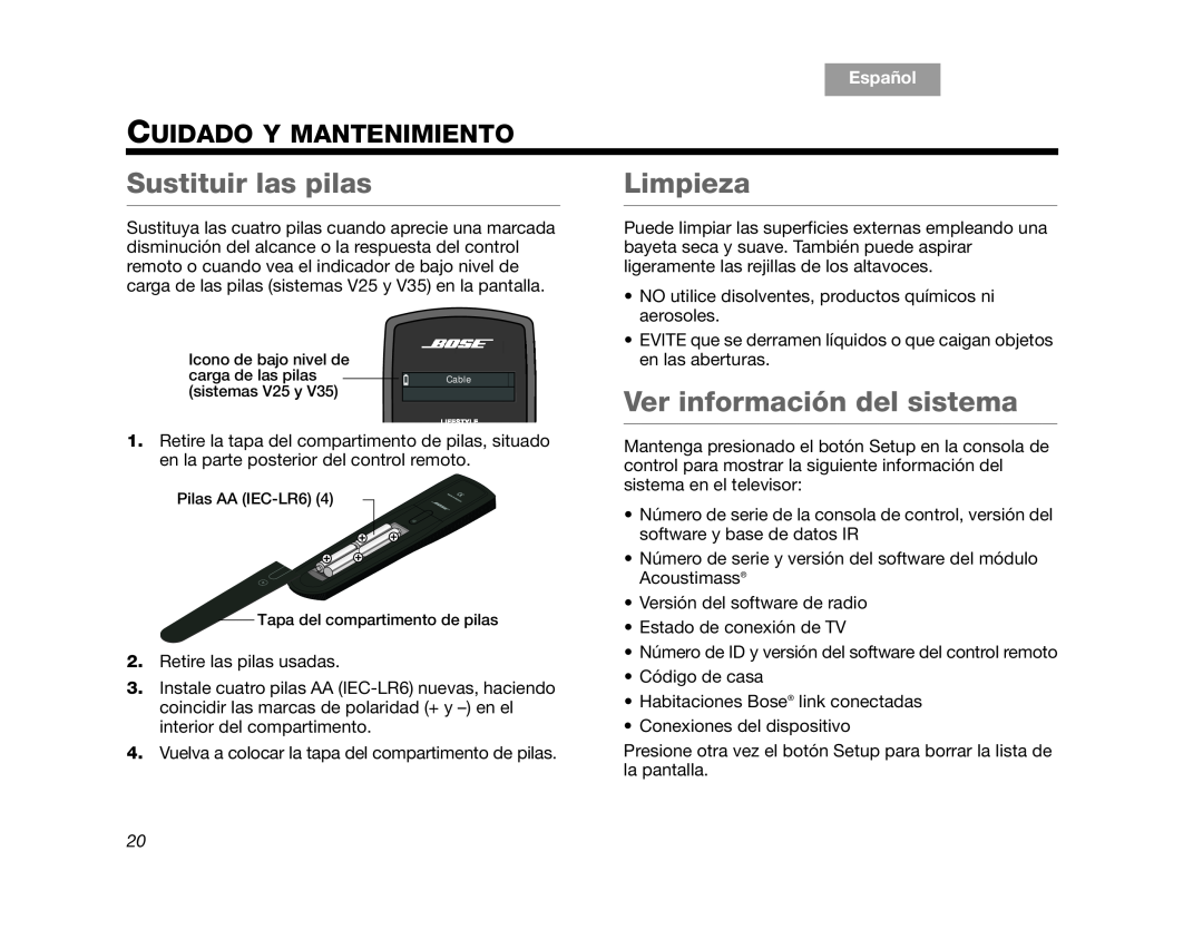 Bose V35, V25 manual Sustituir las pilas, Limpieza, Ver información del sistema, Cuidado Y Mantenimiento, Español, English 