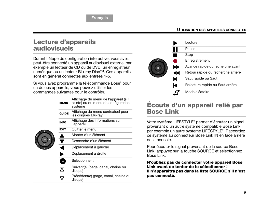 Bose V25, V35 manual Lecture d’appareils audiovisuels, Écoute d’un appareil relié par Bose Link, English, Français 