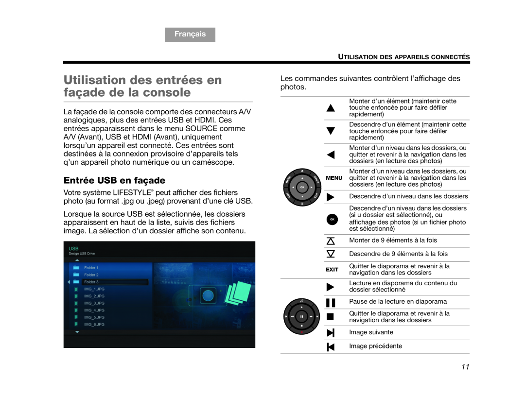 Bose V25, V35 manual Utilisation des entrées en façade de la console, Entrée USB en façade, English, Français 