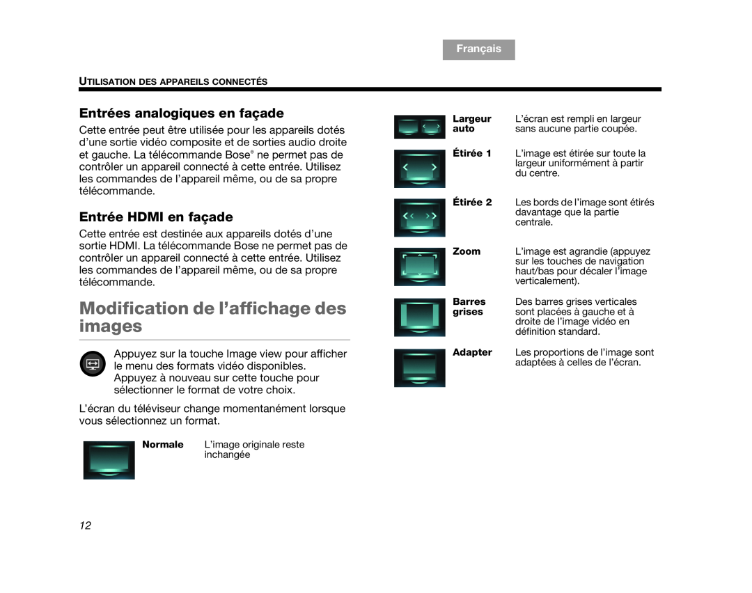 Bose V35 Modification de l’affichage des images, Entrées analogiques en façade, Entrée HDMI en façade, Français, English 