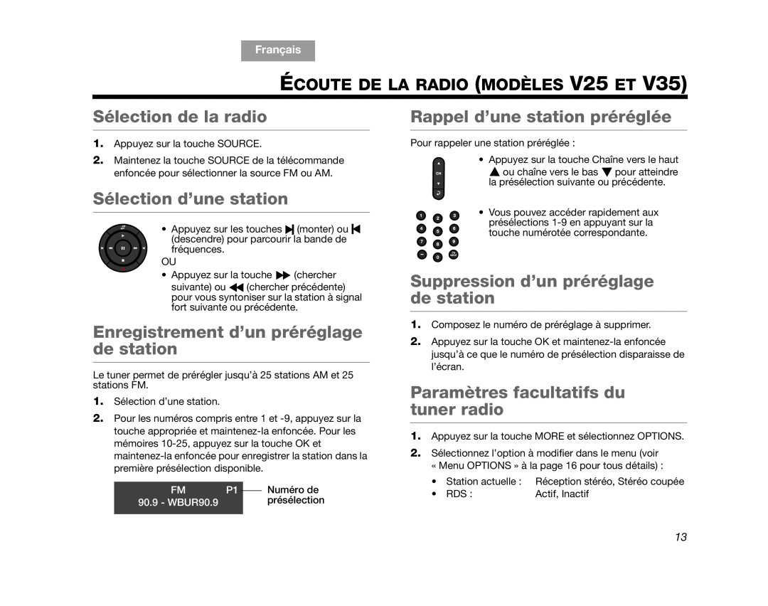 Bose V25, V35 Sélection de la radio, Sélection d’une station, Enregistrement d’un préréglage de station, English, Français 