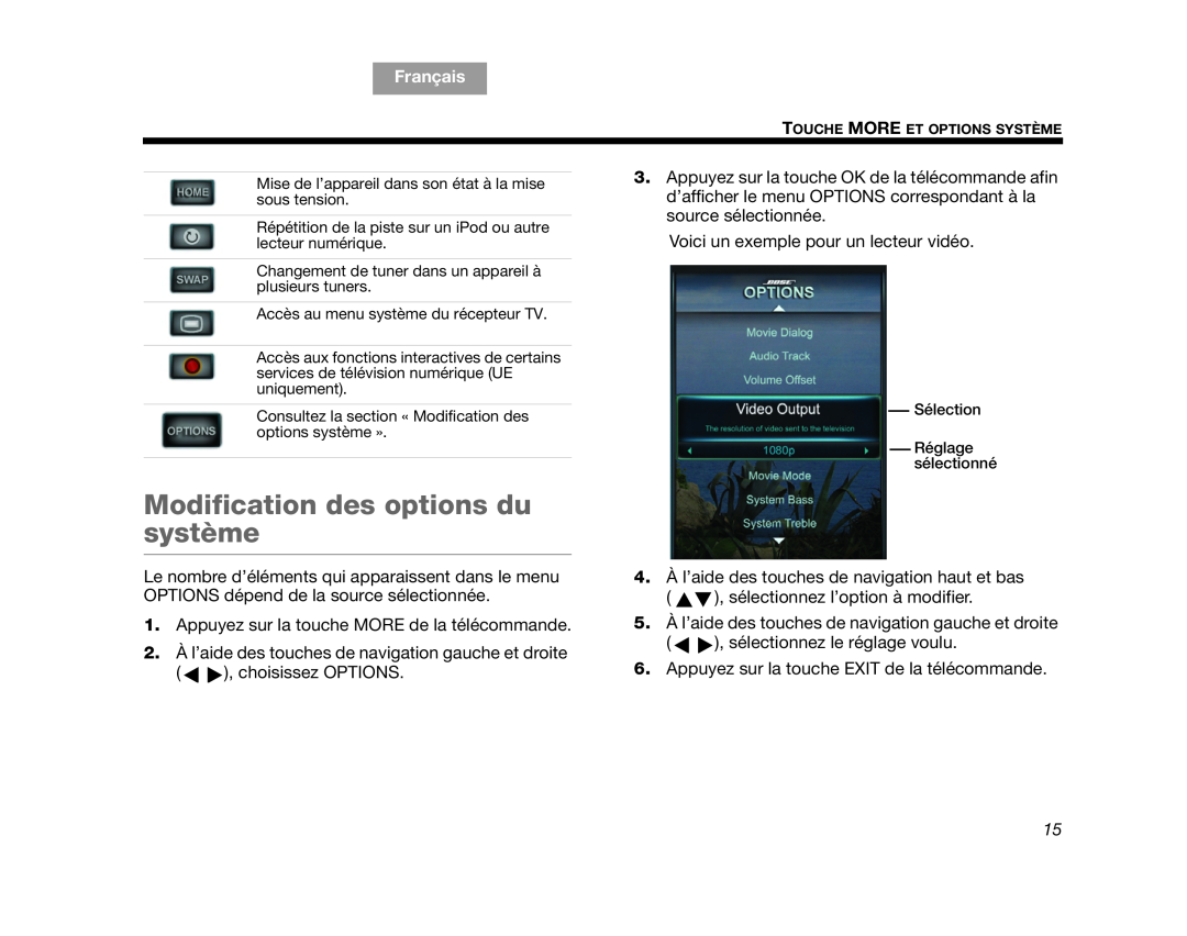 Bose V25, V35 manual Modification des options du système, English, Français 