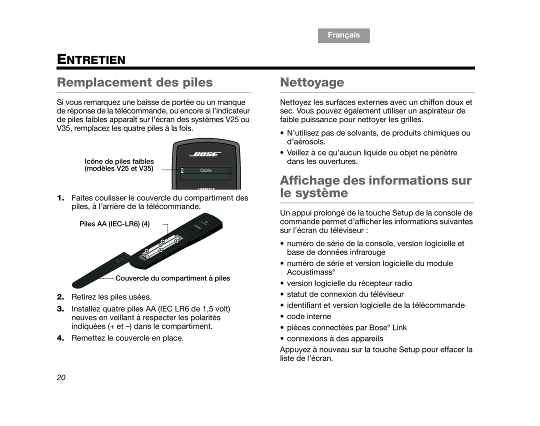 Bose V35, V25 Remplacement des piles, Nettoyage, Affichage des informations sur le système, Entretien, Français, English 