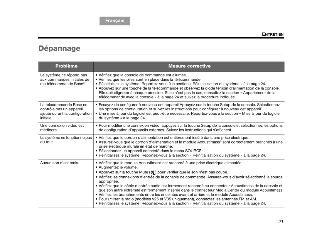Bose V25, V35 manual Dépannage, Problème, Mesure corrective, English, Français, Entretien 