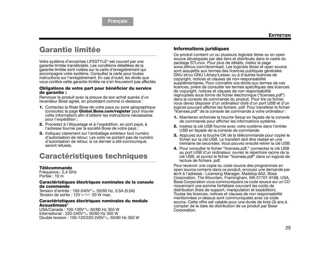 Bose V25, V35 manual Garantie limitée, Caractéristiques techniques, Informations juridiques, English, Français 