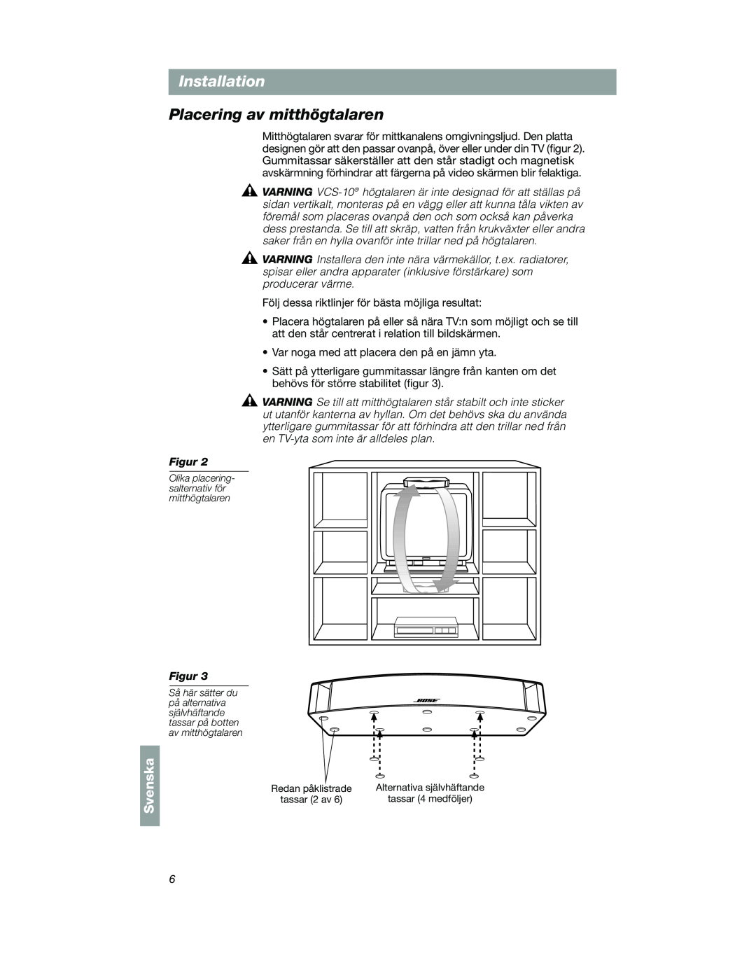 Bose VCS-10 manual Placering av mitthögtalaren, Installation, Svenska 