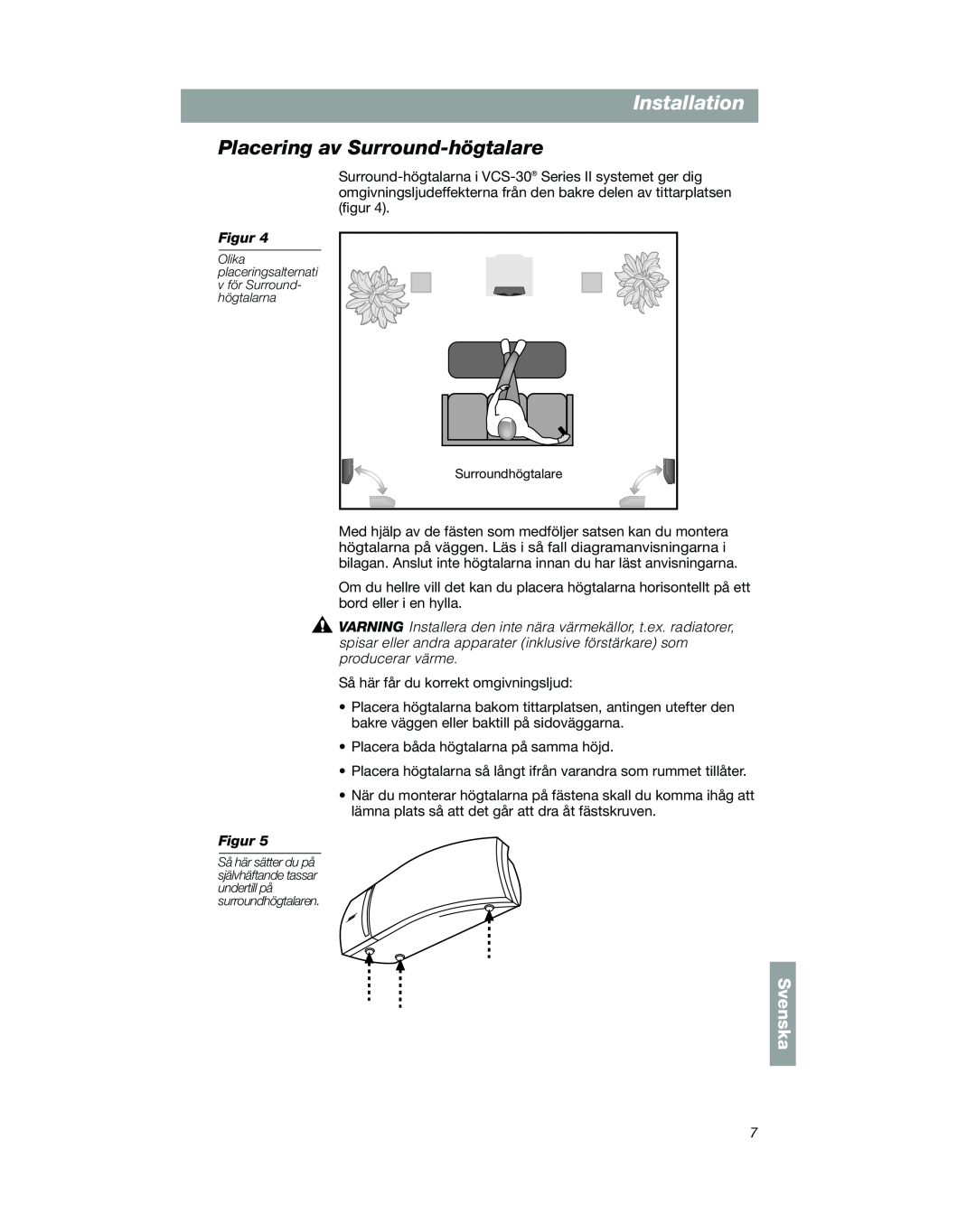Bose VCS-10 manual Placering av Surround-högtalare, Installation, Svenska 